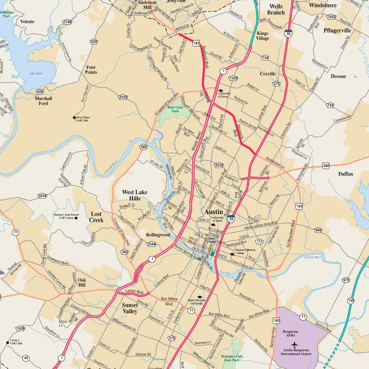 mappa di Austin, in texas, e le città circostanti